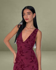 Gabriela Midi Dress in Botanical Flower Maroon