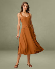 Caramel Sweetheart Neck Slip Midi Dress