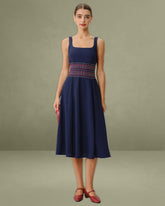 Blue Square Neck Shirred A-Line Slip Midi Dress