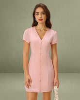 Pink V Neck Button Mini Dress
