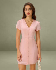 Pink V Neck Button Mini Dress