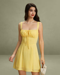 Yellow Square Neck Ruched Mini Dress