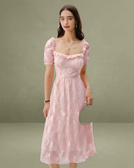 Pink Square Neck Puffed Sleeve Midi Dress