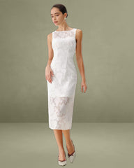 White Lace Boat Neck Midi Dress