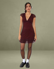 Melva Mini Dress in Ditsy Flock Burnt Maroon