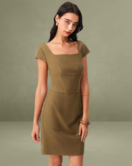 Brown Square Neck Cap Sleeve Mini Dress