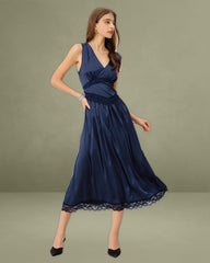 Blue V Neck A-Line Sleeveless Midi Dress