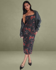 Nori Midi Dress in Watercolour Rose Black