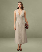 Khaki Striped V-Neck Sleeveless Maxi Dress