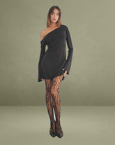 Fliss Asymmetric Mini Dress in Slinky Black