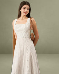 White Square Neck Striped Mid-length Dress