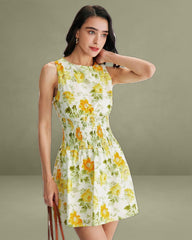 Green Floral Boat Neck Mini Dress