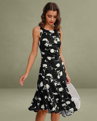 Black Floral Mermaid Sleeveless Midi Dress