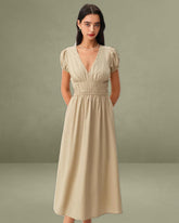 Beige Ruched Puffed Sleeve Midi Dress