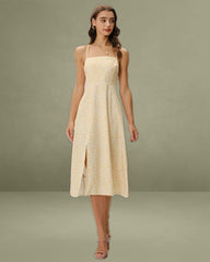 Yellow Floral Backless Slip Midi Dress