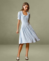 Blue U Neck Puffed Sleeve Pleated Midi Dress