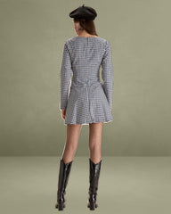 Navy Square Neck Plaid Mini Dress