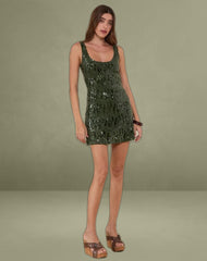 Lalaurie Scoop Neck Mini Dress in Mixed Drape Sequin Khaki