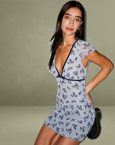 Evilia Mini Dress in Light Blue Black Botanist Flocking
