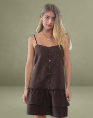 Mailina Linen Button Up Mini Dress in Chocolate Brown
