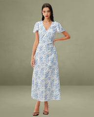 Blue Floral V Neck Button Maxi Dress