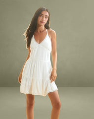 Londyn Tiered Halter Mini Dress in Off White