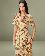 Brown Floral Belted Midi Dress