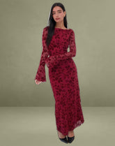 Slokya Long Sleeve Maxi Dress in Vine Floral Flock Cherry