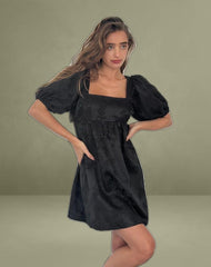 Bimbi Babydoll Mini Dress in Satin Jacquard Black