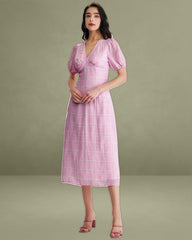 Pink Plaid V-Neck Midi Dress