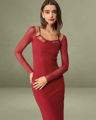 Red See Through Bodycon Maxi Dress
