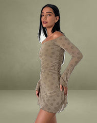Kausar Off Shoulder Mini Dress in Daisy Flock Light Brown