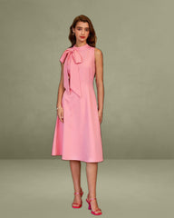 Pink Turtleneck Bowknot Satin Midi Dress