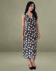 Gabriela Midi Dress in Falling Rose Jet Black