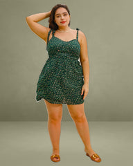 Green Floral Tie Strap Plus Size Mini Dress