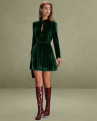 Green Stand Cut-Out Velvet Mini Dress