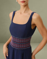 Blue Square Neck Shirred A-Line Slip Midi Dress