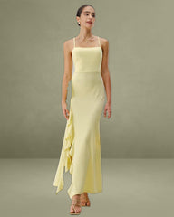 Yellow Ruffle Backless Slit Slip Maxi Dress