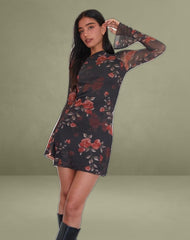 Sevila Long Sleeve Mini Dress in Black Watercolour Rose