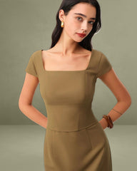 Brown Square Neck Cap Sleeve Mini Dress