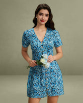 Blue Floral V-Neck Button Mini Dress