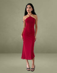Ribka Halterneck Midi Dress in Mesh Cherry