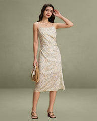 Yellow Floral Ruched Slip Midi Dress