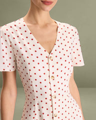 The Beige V Neck Polka Dot Button Midi Dress