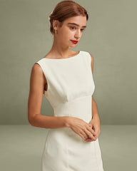 The Beige Boat Neck Back Bowknot Mini Dress