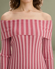 Pink Striped Off The Shoulder Bodycon Sweater Dress