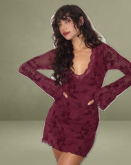 Sriti Mini Dress in Botanical Flower Maroon