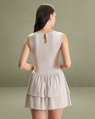 Women's Grey Crew Neck Ruffle Tiered Cotton Mini Dress