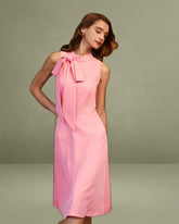 Pink Turtleneck Bowknot Satin Midi Dress