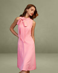 Pink Turtleneck Bowknot Satin Midi Dress
